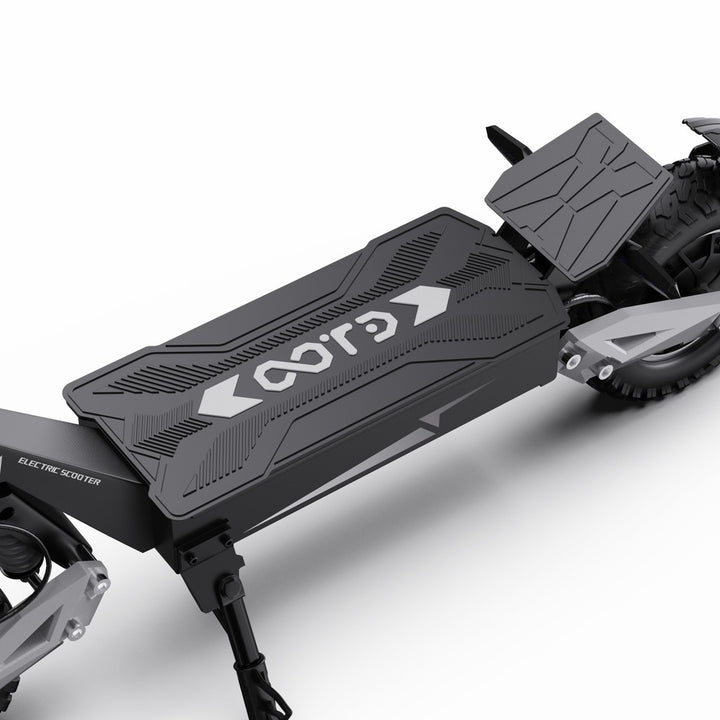 Black electric scooter with a visible brand logo on a white background