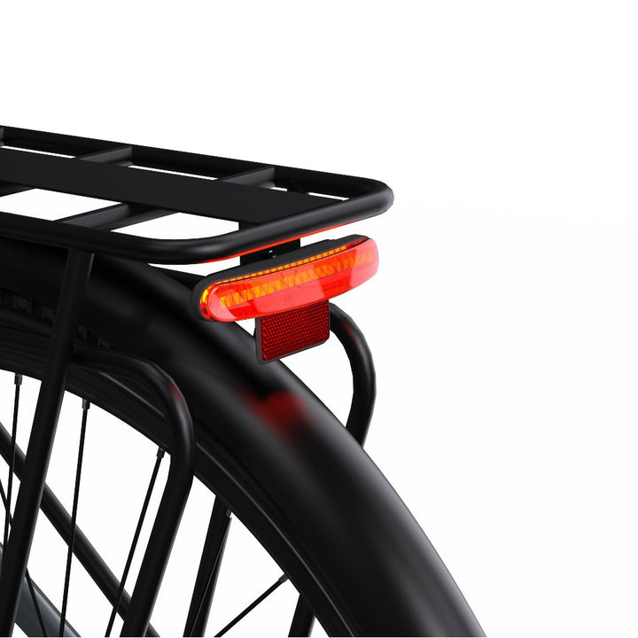 Bicycle rear rack with a red LED light on a white background
