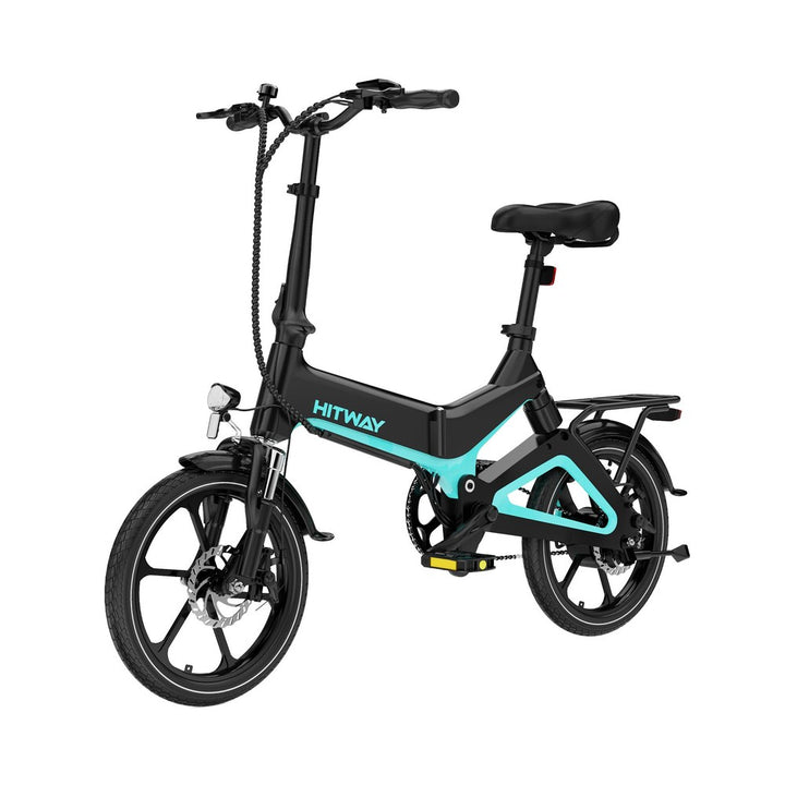 Black and turquoise electric bike with 'HITWAY' branding on a white background