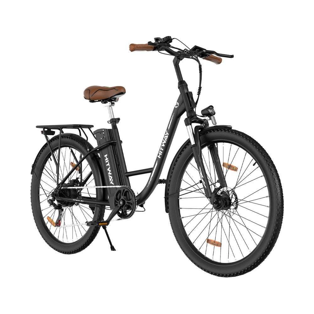 Black electric bicycle with brown seat on a white background
