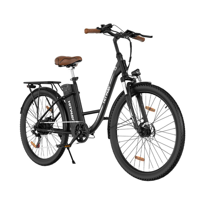 Black electric bicycle with brown seat on a white background