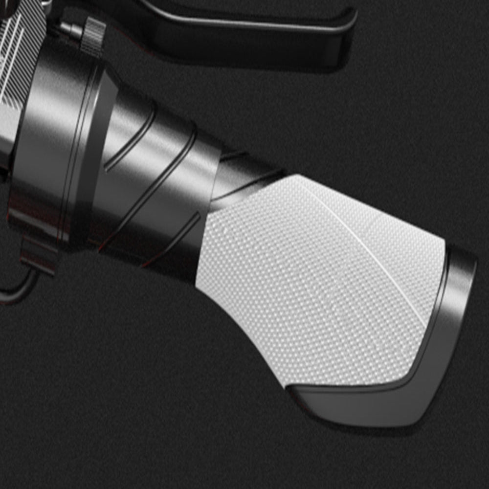 Close-up of a motorcycle handlebar with a textured grip on a dark background