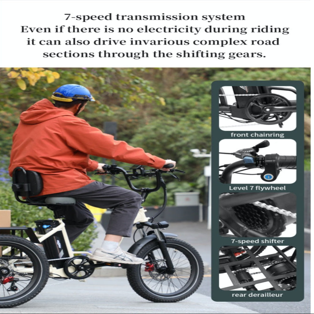 Person riding a bicycle with a diagram of its components on the right.