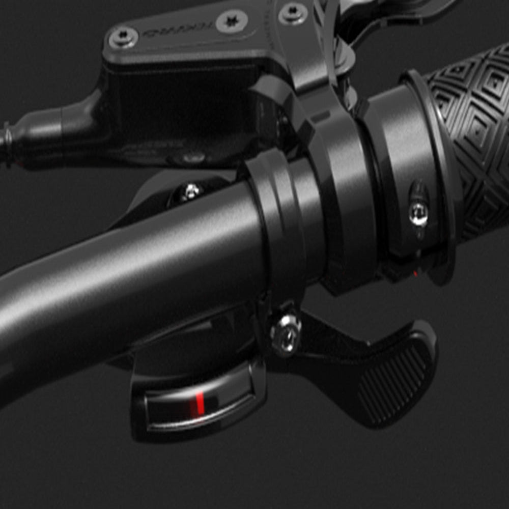Close-up of motorcycle handlebar with throttle grip and brake lever on a black background