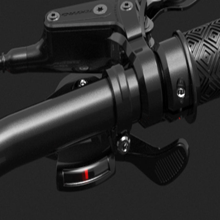 Close-up of motorcycle handlebar with throttle grip and brake lever on a black background