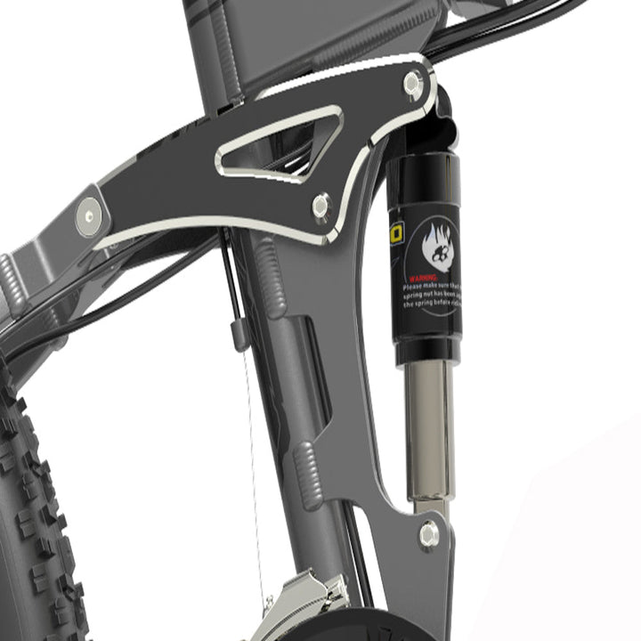 Close-up of a bicycle suspension fork with a brand label on a white background