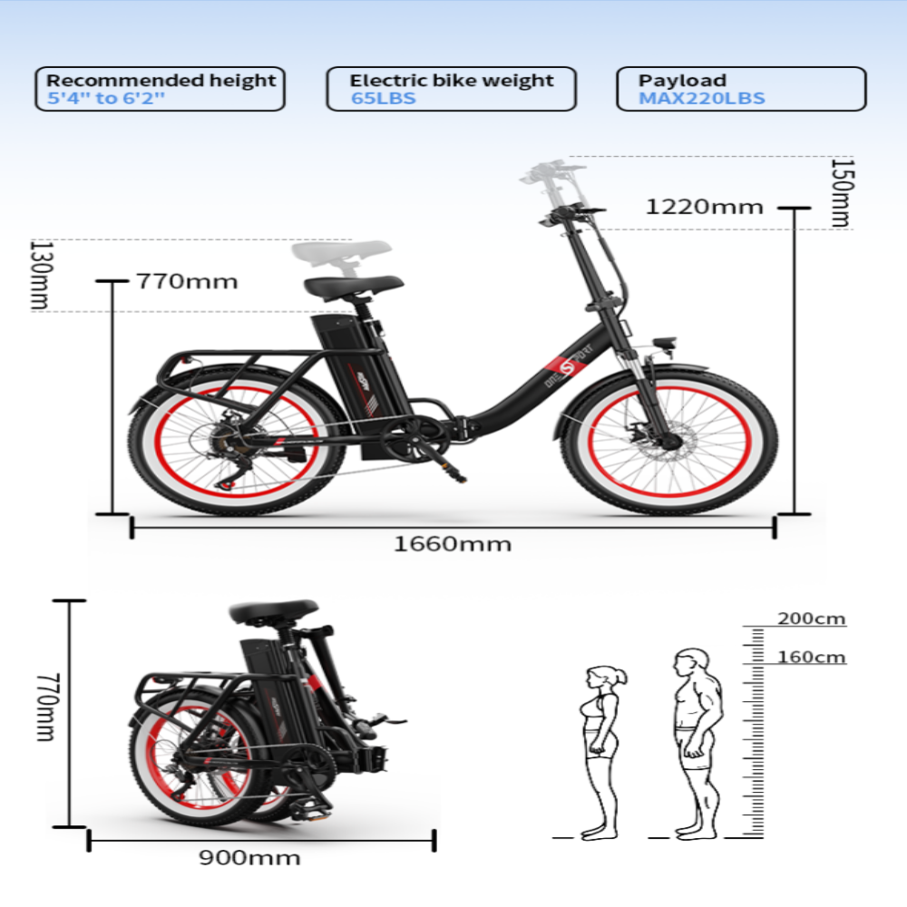 Electric bike dimensions with measurements on a white background