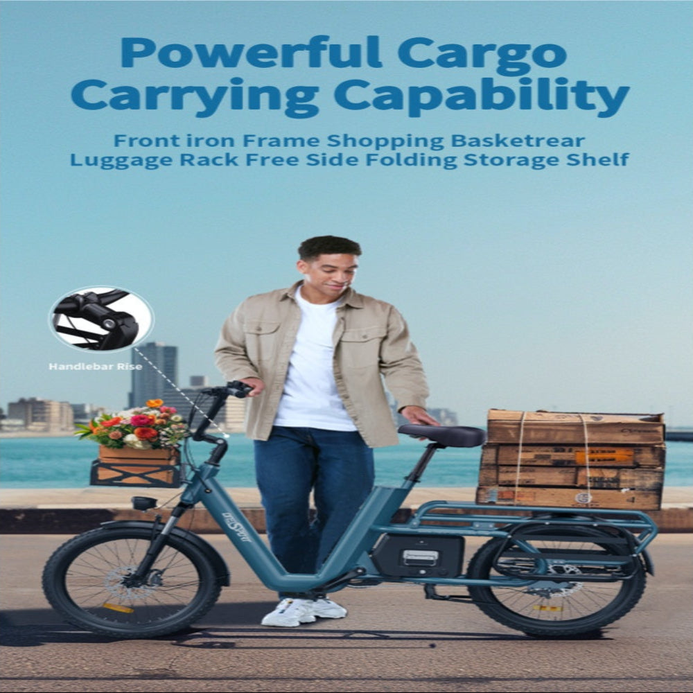 Man pushing a cargo bike with various attachments against a blue sky background.