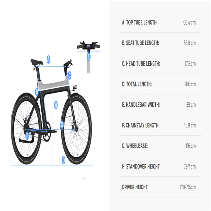 Bicycle dimensions chart with measurements labeled