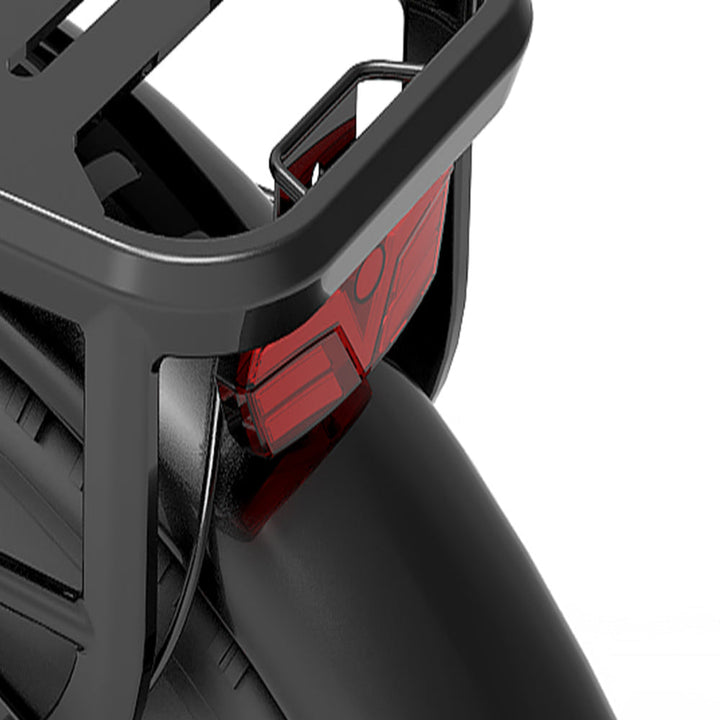 Close-up of a motorcycle's black rearview mirror and red taillight on a white background