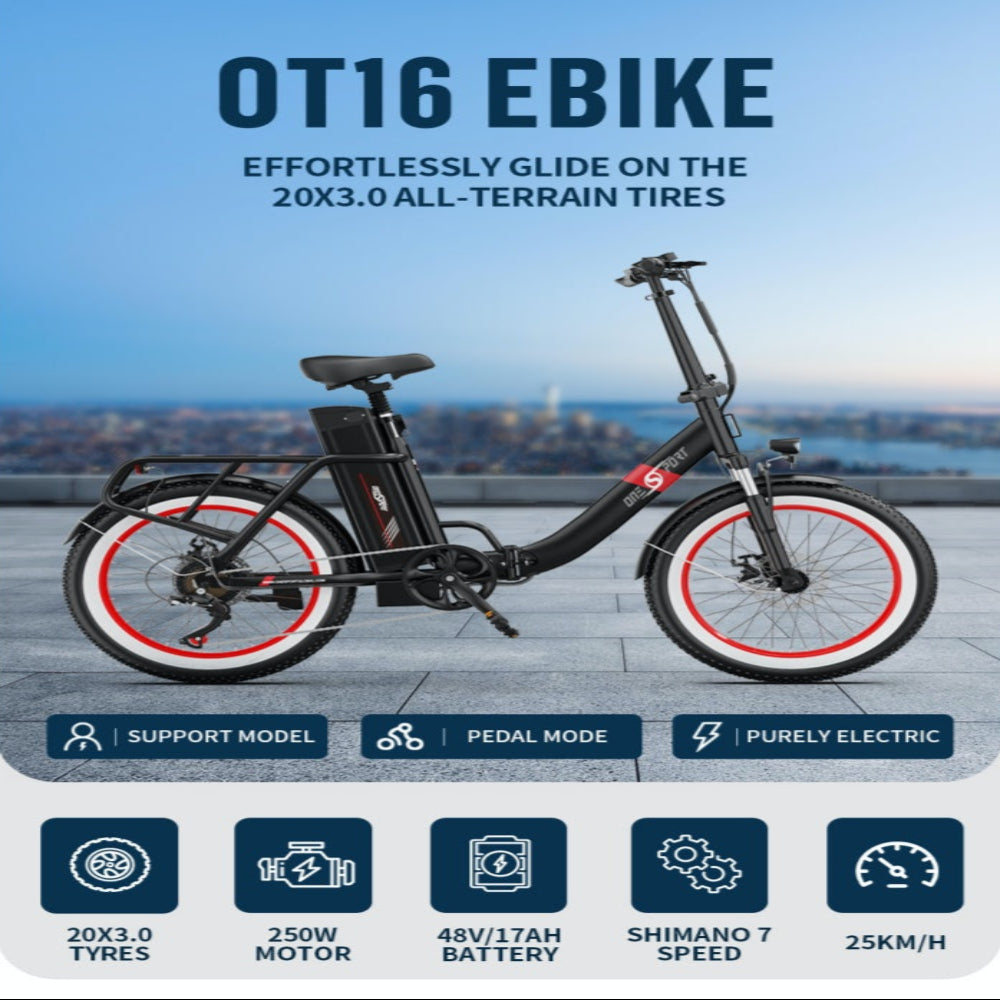 "DUO OT16-2 Folding Electric Bike in black, showcasing 20-inch frame, LCD display with Bluetooth and front and rear lights."