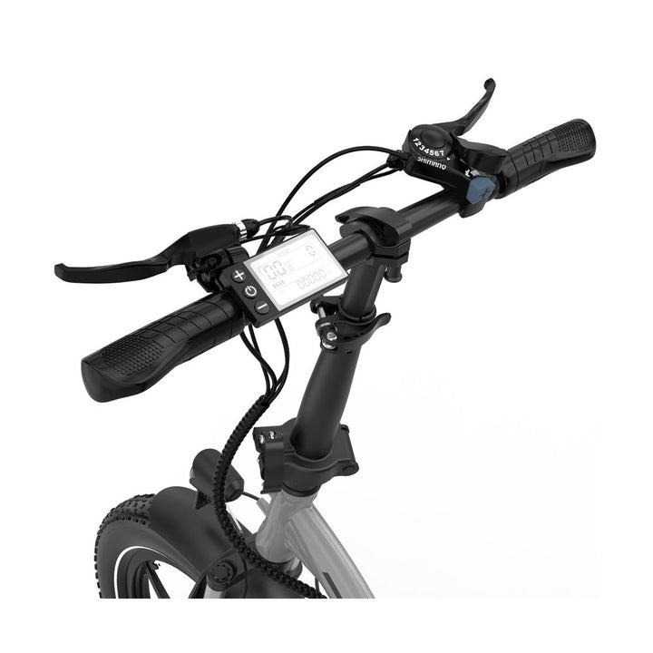Close-up of bicycle handlebars with control buttons on a white background