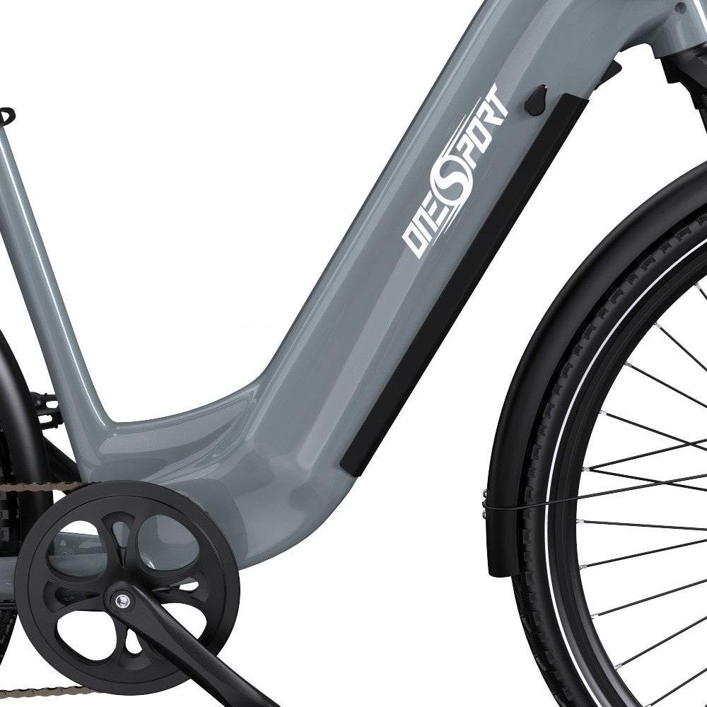 Close-up of a gray electric bike with 'Diasport' branding on a white background