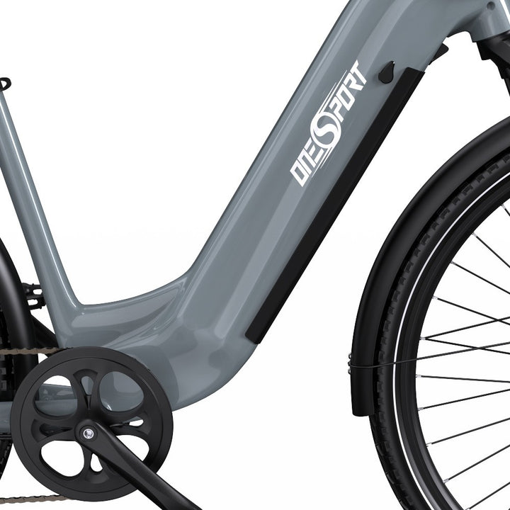 Close-up of a gray electric bike with 'Diasport' branding on a white background