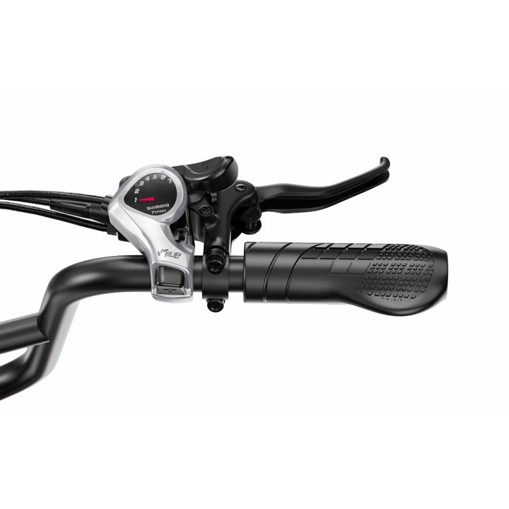 Close-up of a motorcycle handlebar with control buttons on a white background