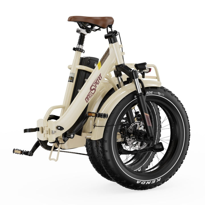 Beige elektrische fiets met bruin zadel op een witte achtergrond
