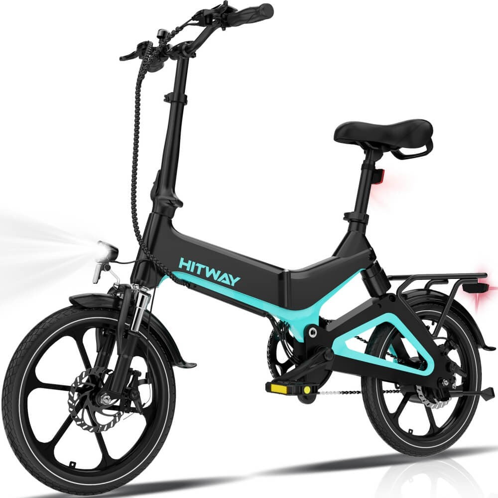 Black and teal electric bike with 'HITWAY' branding on a white background