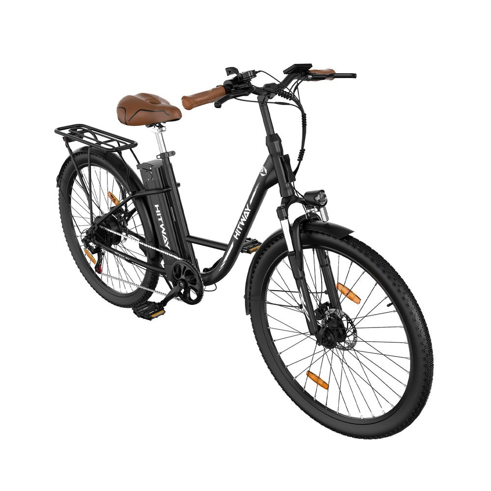Black electric bicycle with a brown seat on a white background