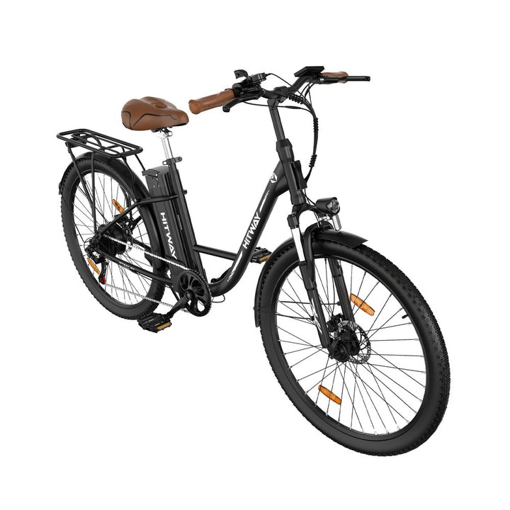 Black electric bicycle with a brown seat on a white background