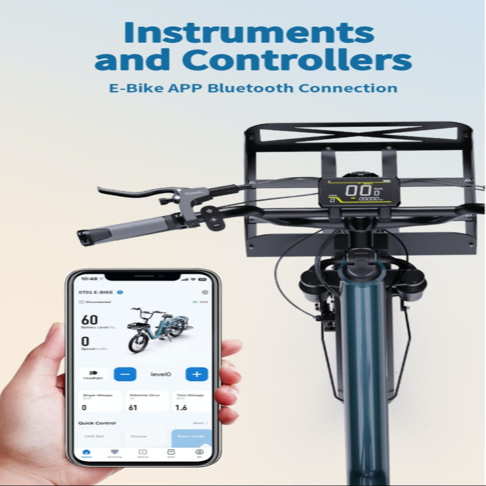 E-bike with smartphone app interface displaying controls and Bluetooth connection.