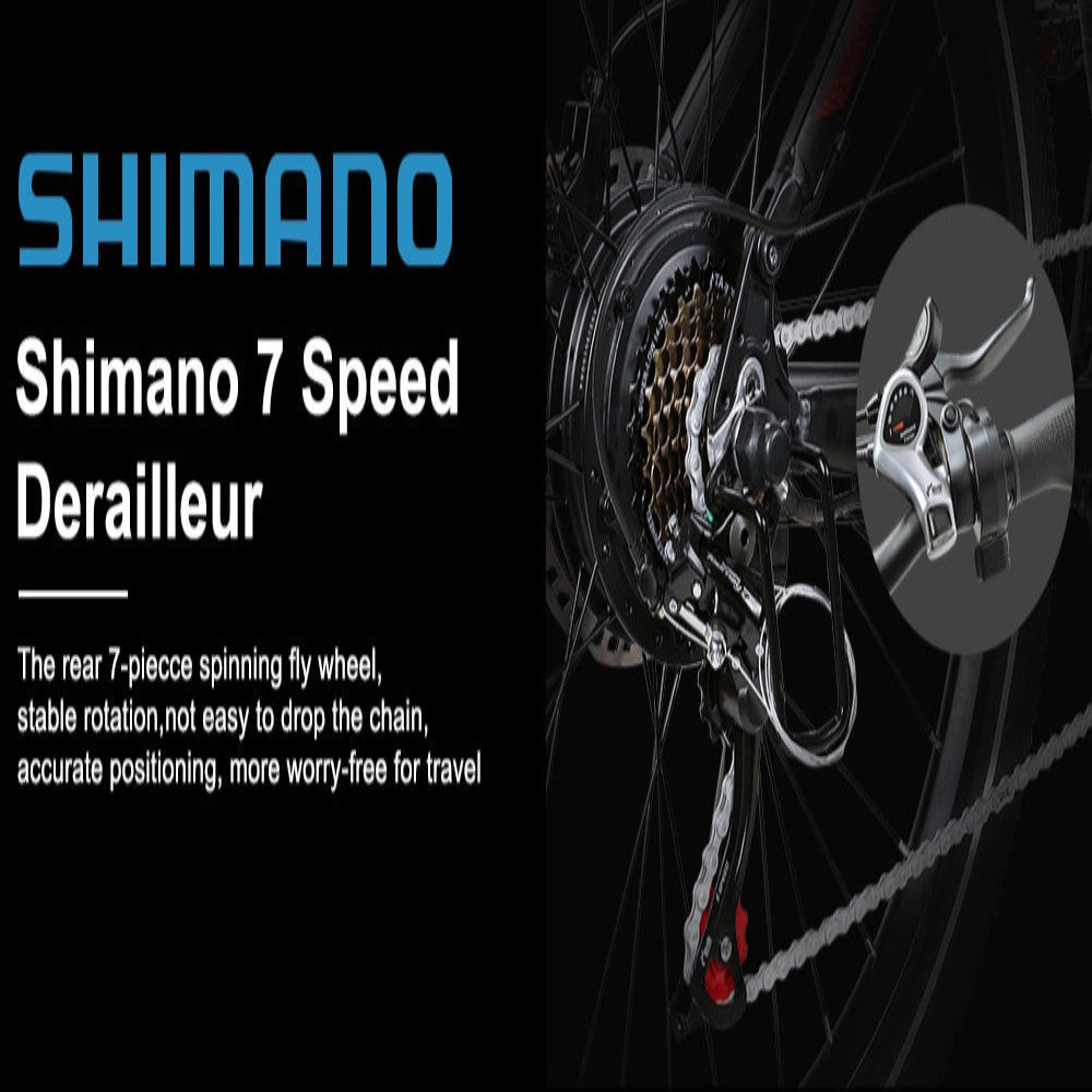 Shimano 7-speed derailleur with detailed view on a black background