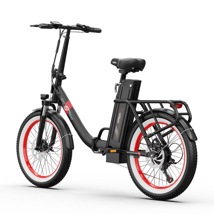 "DUO OT16-2 folding electric bike in black, featuring 20-inch iron frame and pneumatic tires, 3-speed LCD display with Bluetooth."