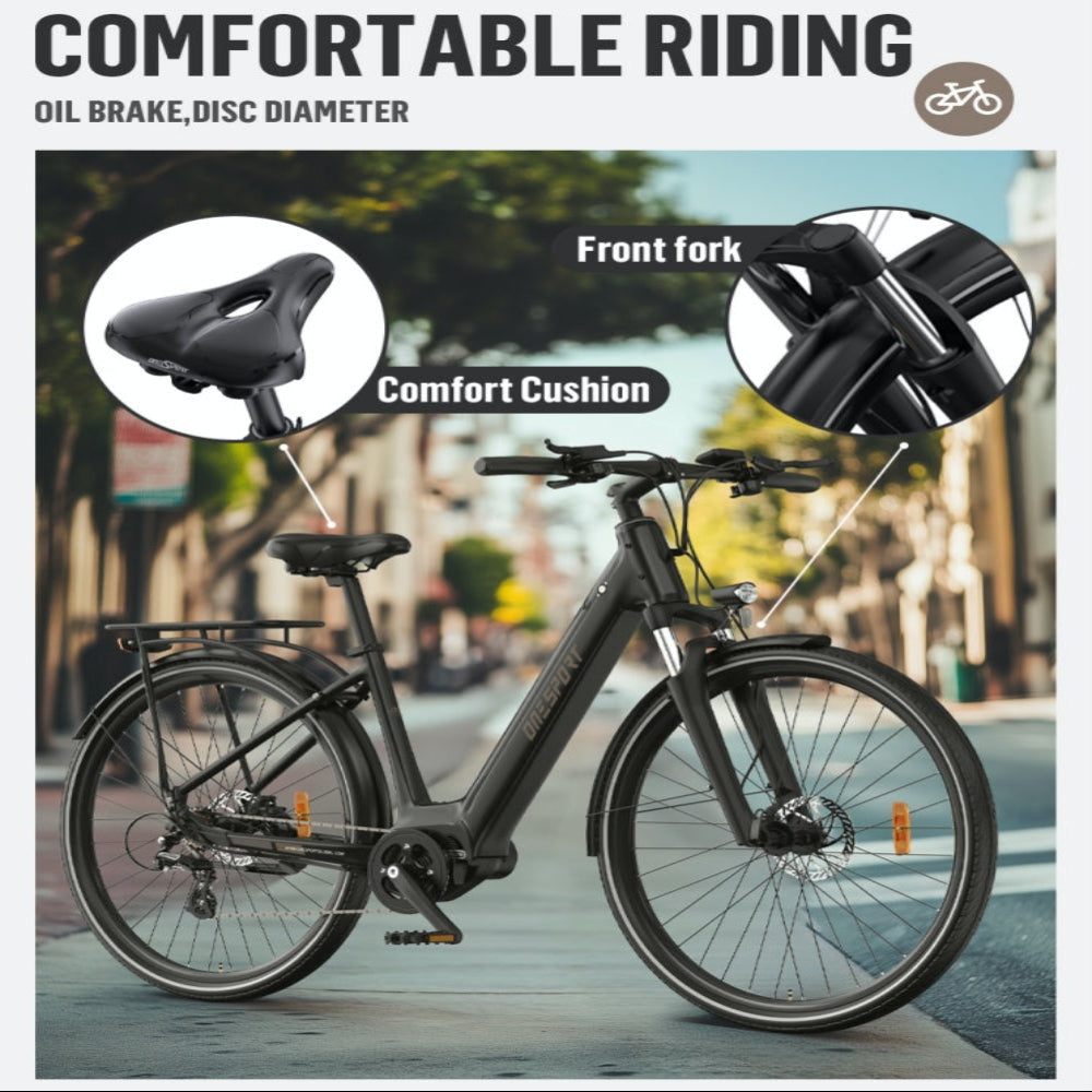 Bicycle with highlighted features like oil brake, disc diameter, front fork, and comfort cushion on a blurred background.