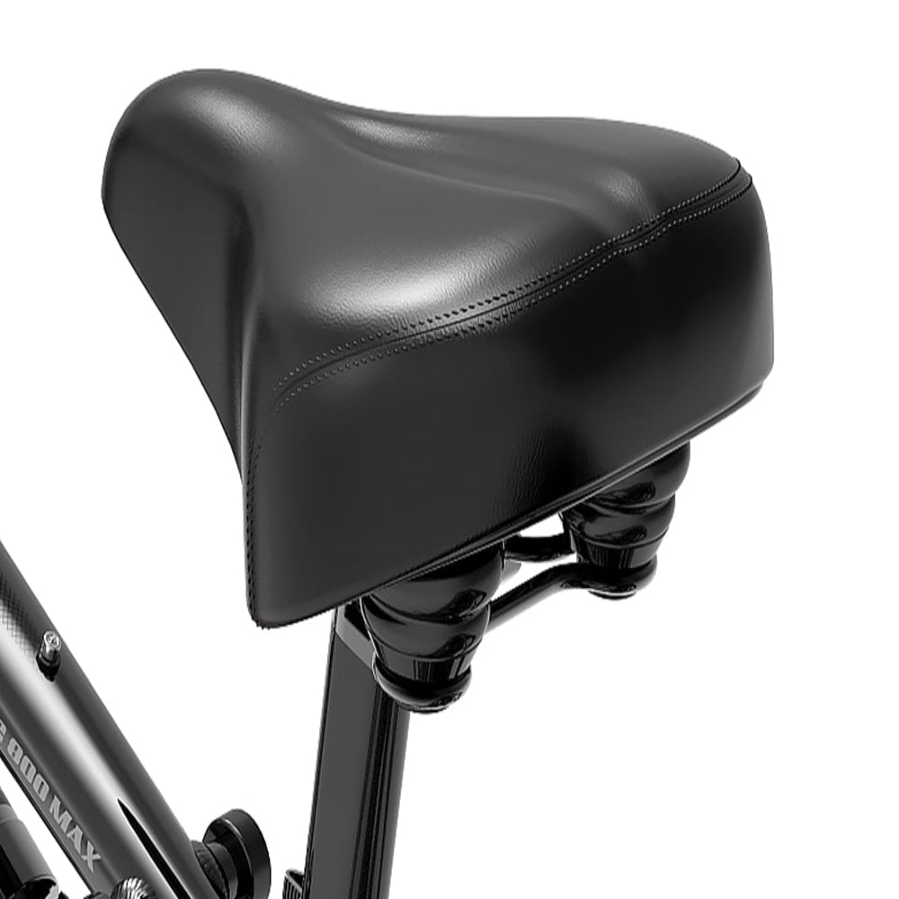 Close-up of a black bicycle seat on a white background