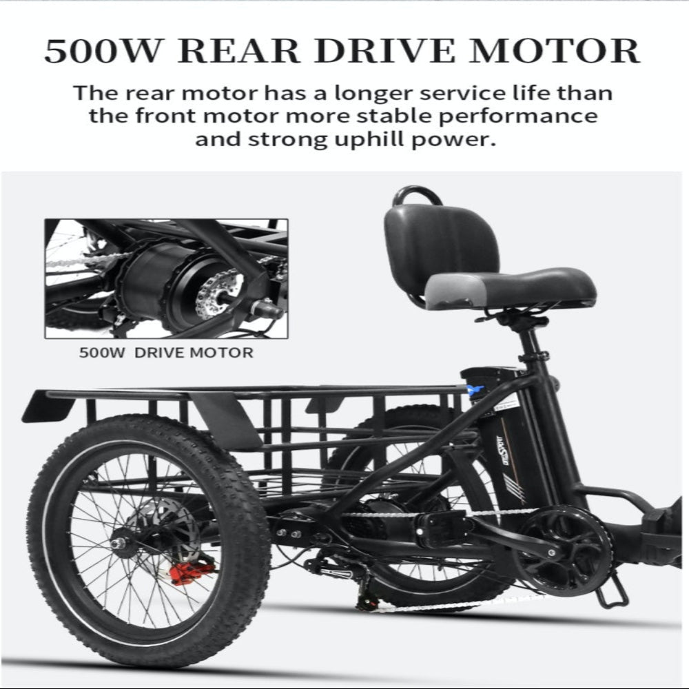 Electric tricycle with 500W rear drive motor and detailed view of the motor.