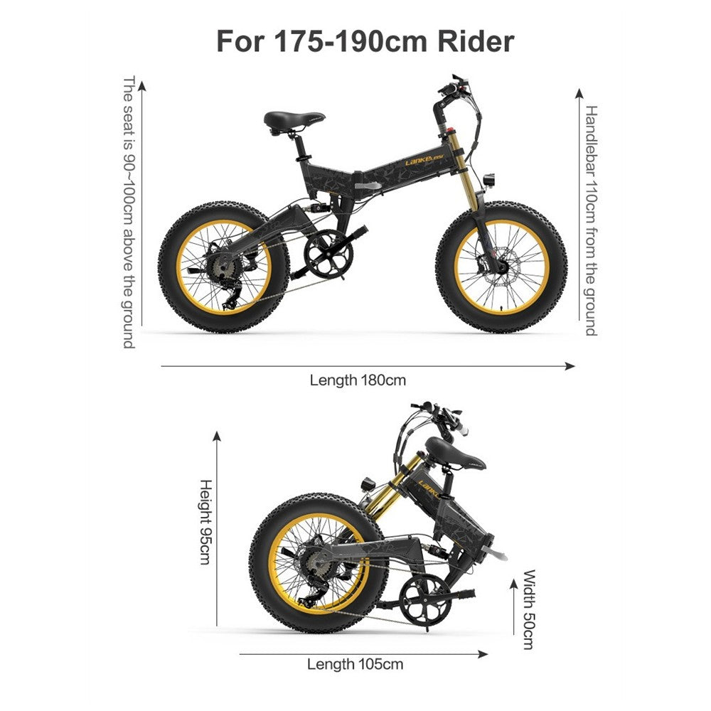 Measurement chart of a folding electric bike for riders between 175-190 cm tall.