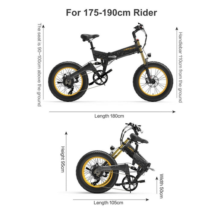 Measurement chart of a folding electric bike for riders between 175-190 cm tall.