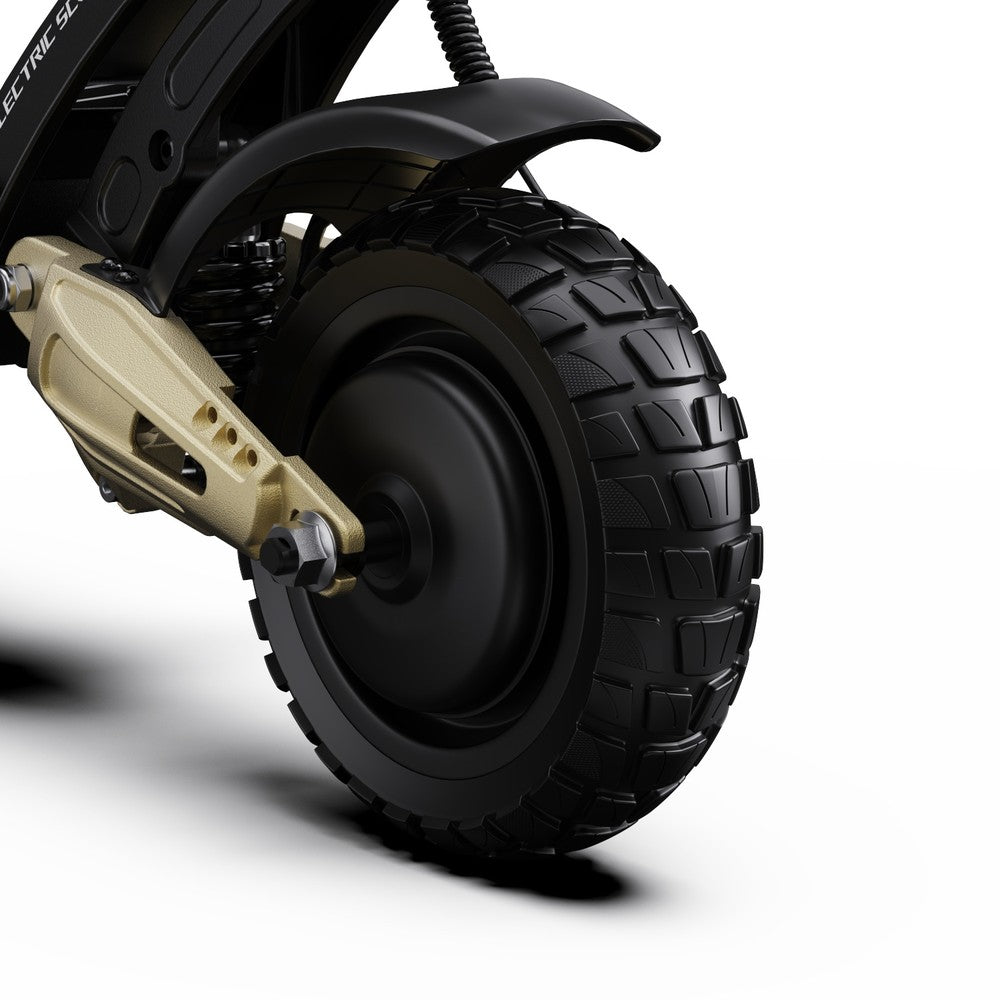 Close-up of a scooter wheel with tire and suspension on a white background
