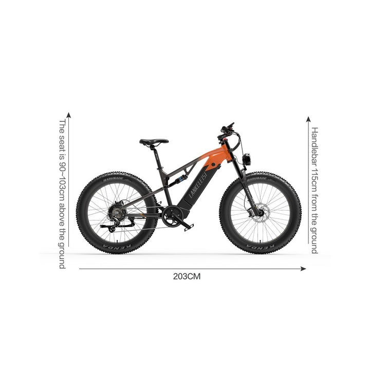 Measurement chart of an electric bike with dimensions labeled on a white background