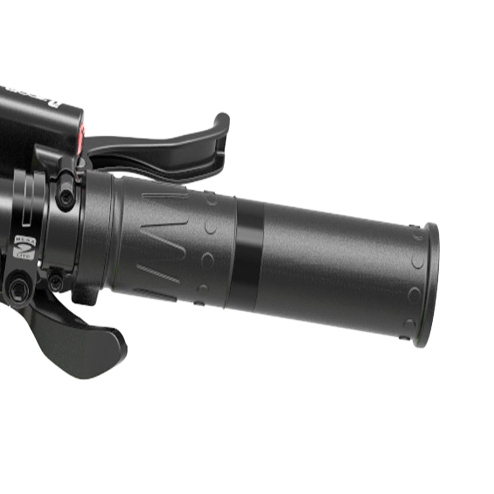 Black motorcycle handlebar with throttle grip on a white background
