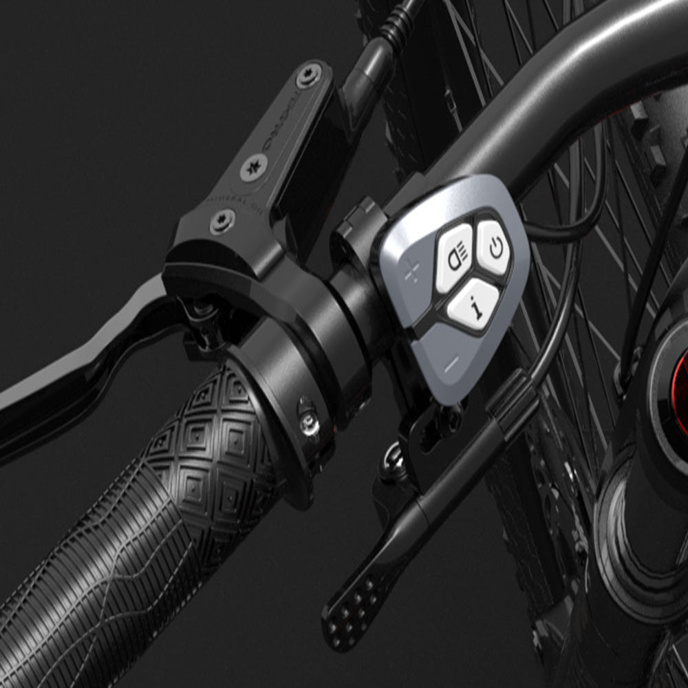 Close-up of a motorcycle handlebar with control buttons on a dark background