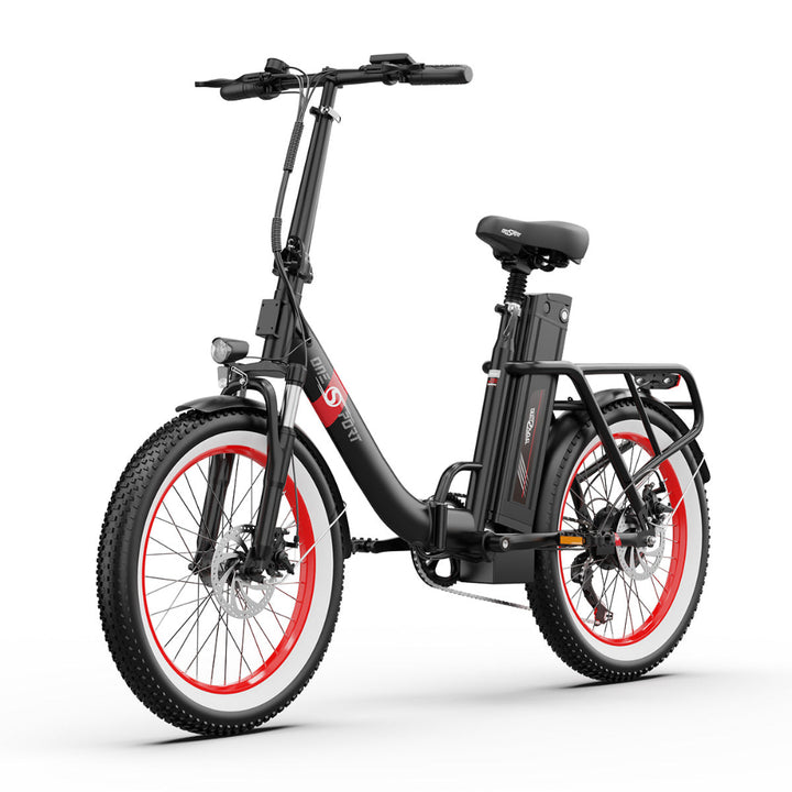 "DUO OT16-2 folding electric bike in black with 20-inch frame, front and rear lights, and LCD display."