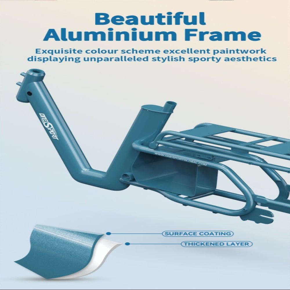 Blue aluminium frame with detailed view and text on paintwork.