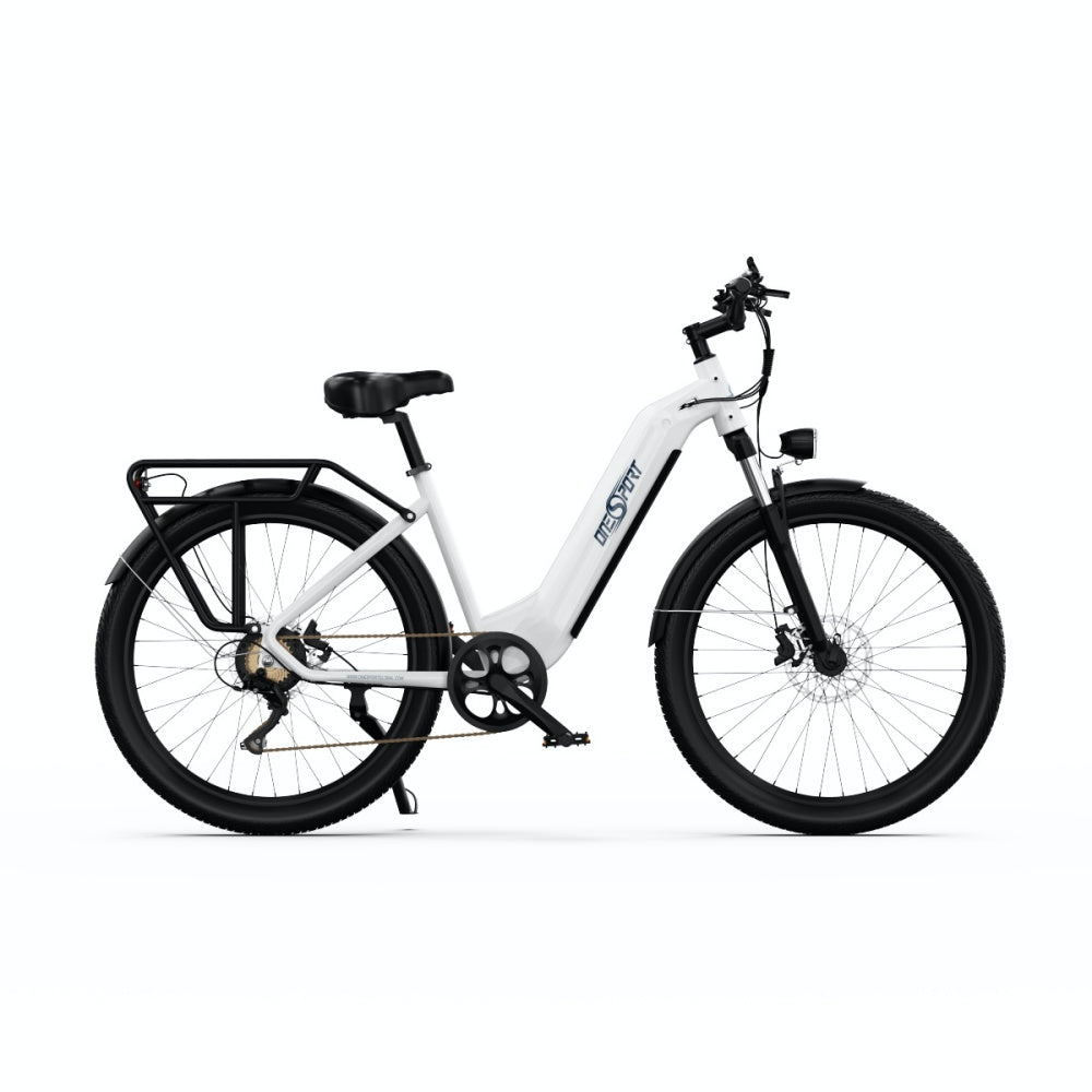 "DUO OT05 Electric Bike in blue with 27.5"" aluminum frame, spoked wheel, and front light, designed for high performance and efficiency."