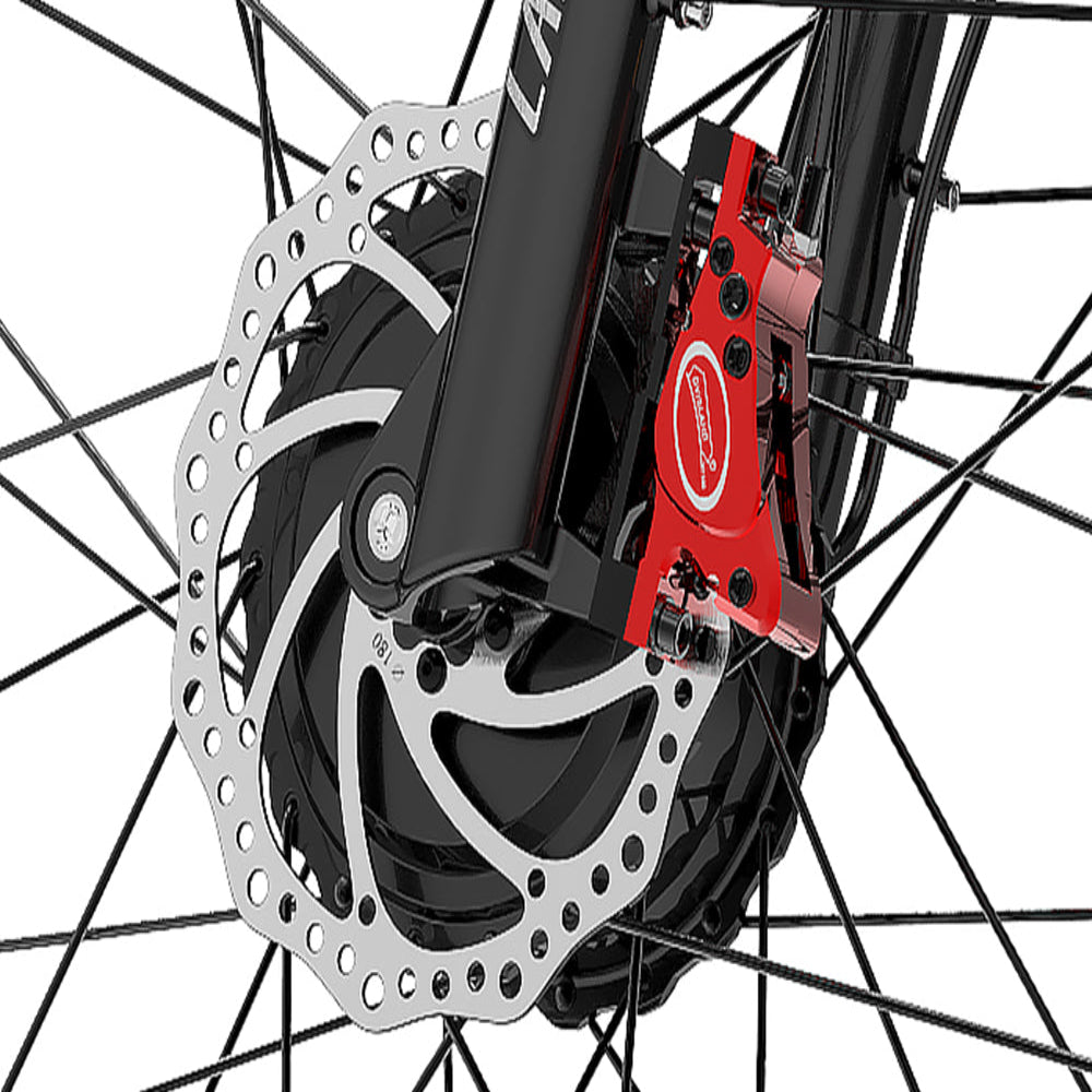 Close-up of a bicycle disc brake system with red caliper and black rotor.
