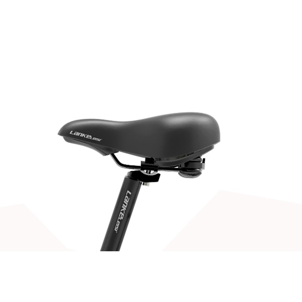Black bicycle seat with seat post on a white background