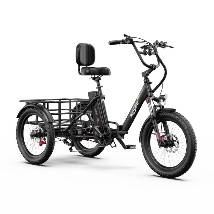 Black electric tricycle with a basket on a white background