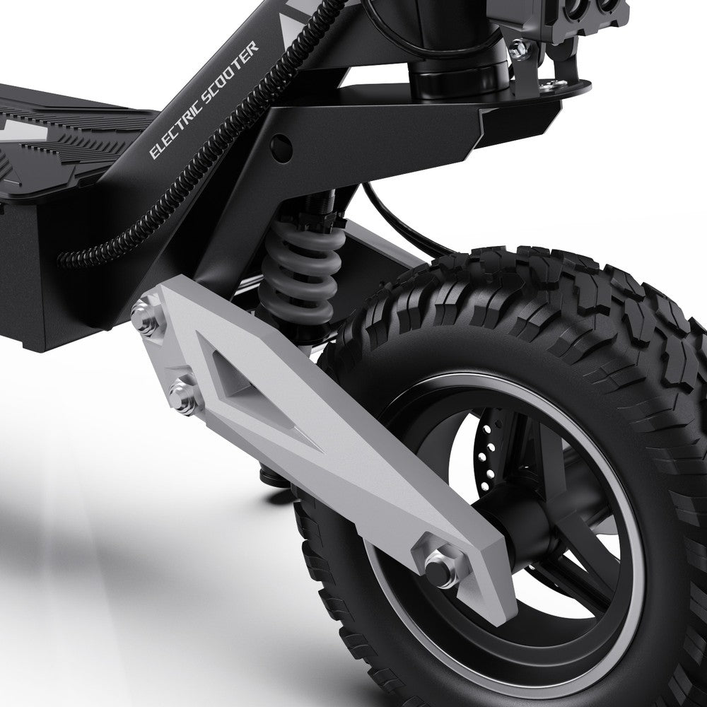 Close-up of an electric scooter's wheel and suspension system on a white background
