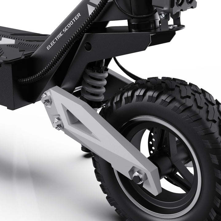 Close-up of an electric scooter's wheel and suspension system on a white background