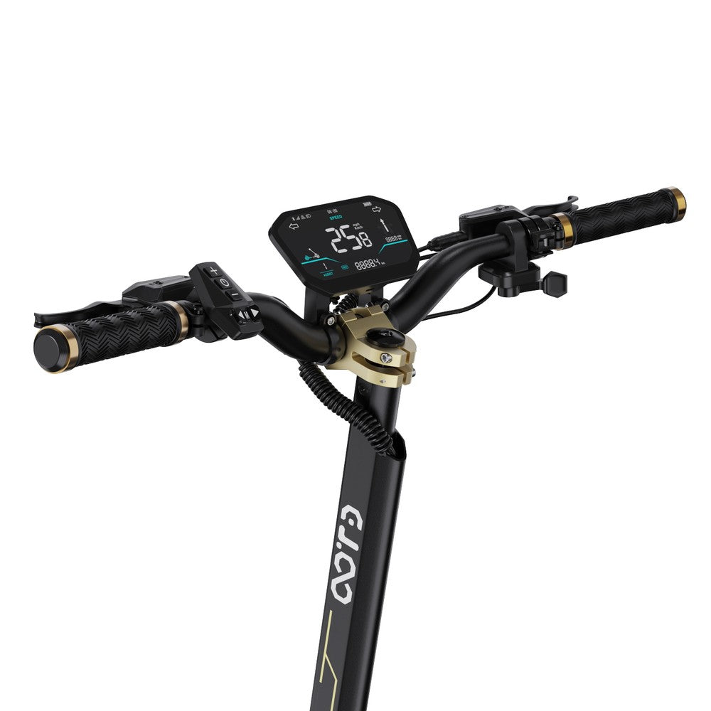 Close-up of a bike handlebar with a digital display and 'Glob' branding on a white background