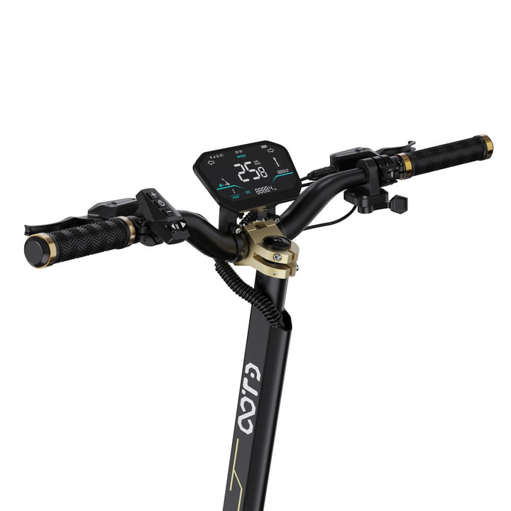 Close-up of a bike handlebar with a digital display and 'Glob' branding on a white background