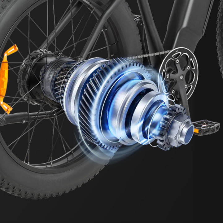 "DYU KING 750 electric mountain bike with fat tires, LED display, and detachable battery"