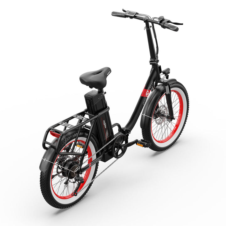 "DUO OT16-2 Folding Electric Bike in black, featuring 20 inch folding frame, 3-speed LCD display with Bluetooth, and front and rear lights"
