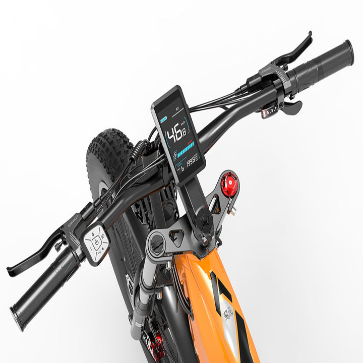 Close-up of an electric bike handlebar with a digital display on a white background