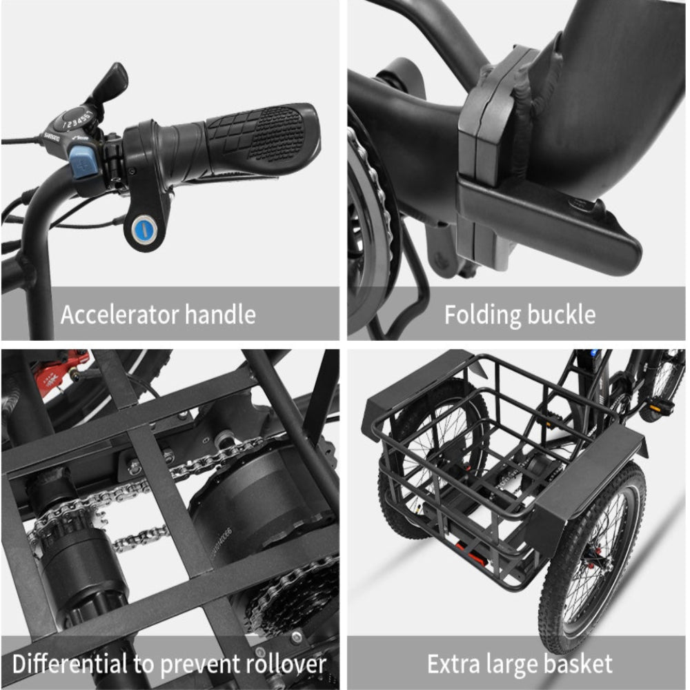 Detailed view of a bicycle's components including the accelerator handle, folding buckle, differential, and basket.