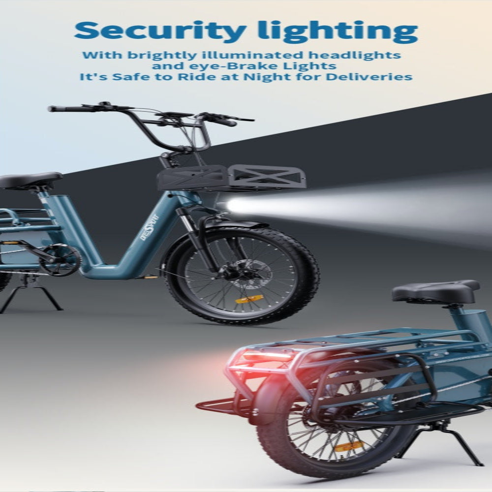 Electric bike with security lighting features on a promotional poster.